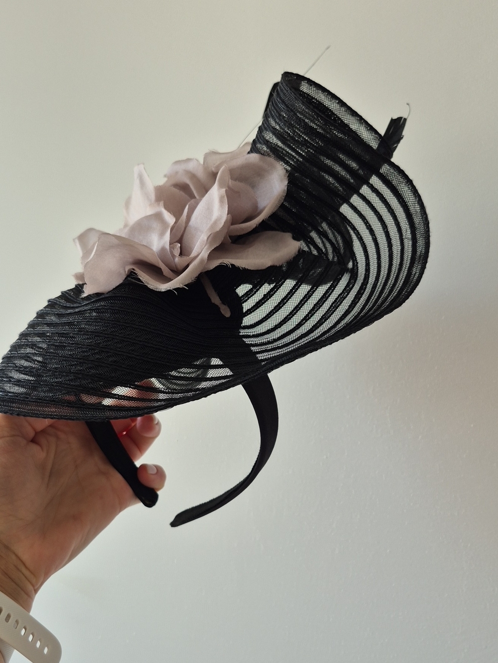 Black Ladies Fascinator Headband with Pale Blush Flower And Black Feathers